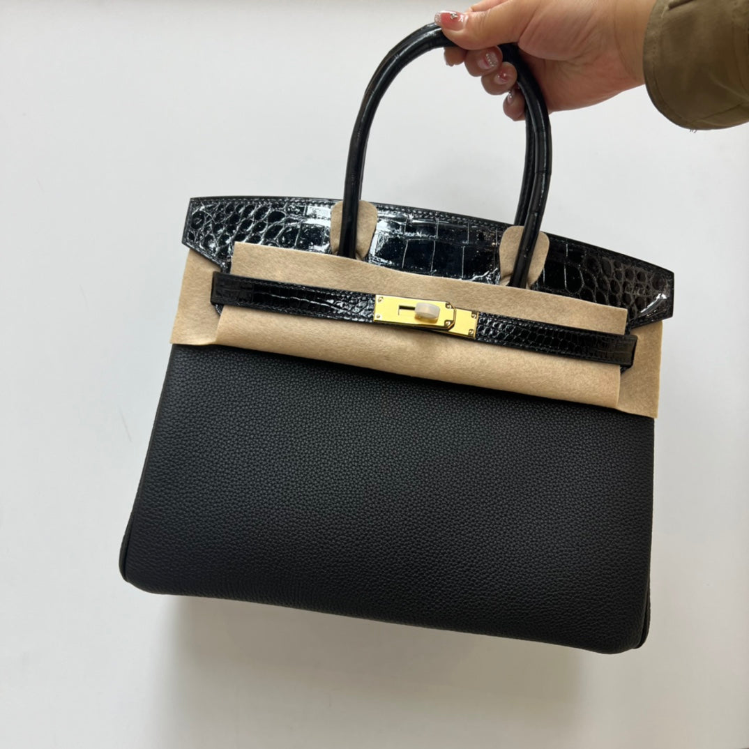 Luxury Dark Green Top-Handle Satchel Bag with Crocodile-Embossed Trim and Gold Hardware