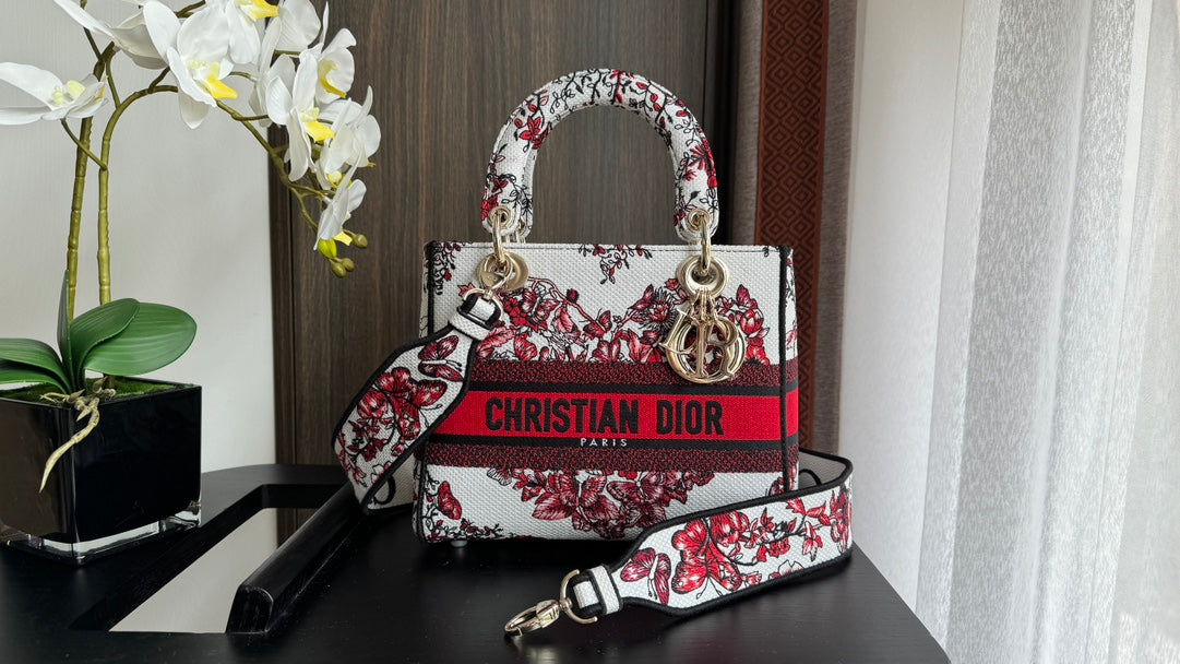 Christian Dior Lady D-Lite Medium Bag - Burgundy Toile de Jouy Embroidery
