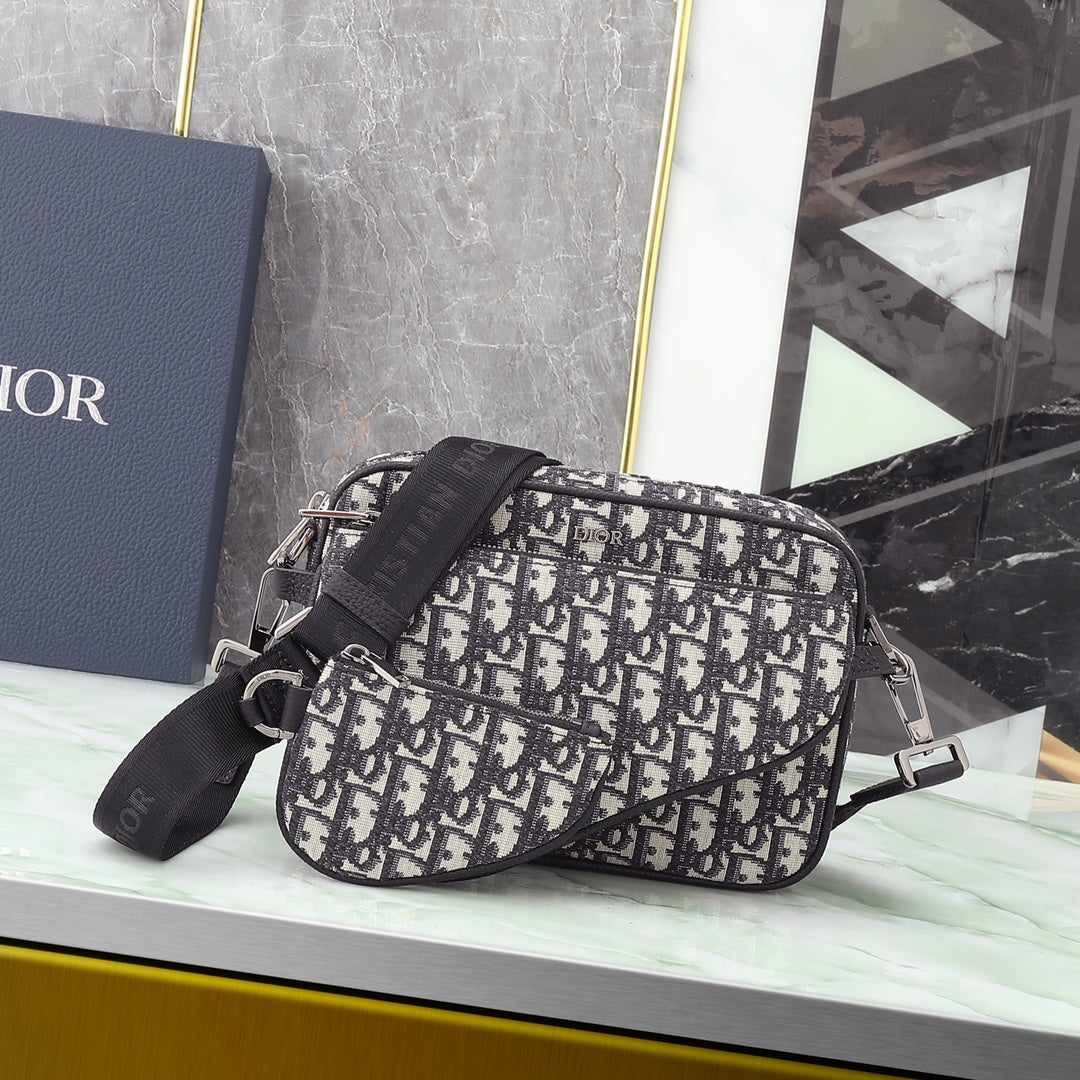 Christian Dior Oblique Jacquard Messenger Bag - Black and Beige Crossbody with Detachable Pouch