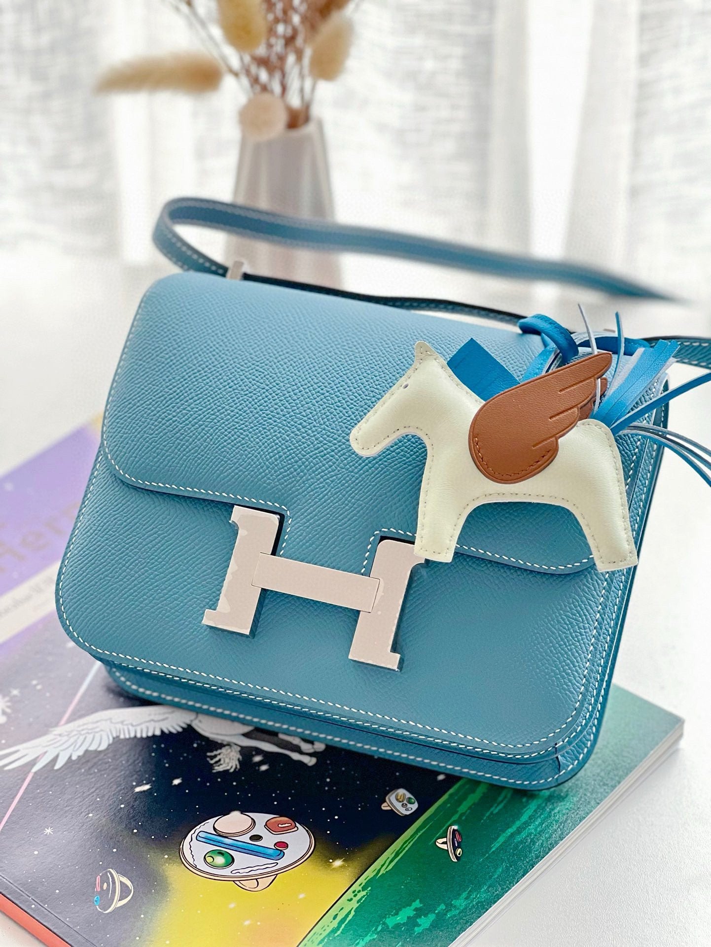 Elegant Blue Leather Mini Crossbody Bag with H-Hardware and Pegasus Charm