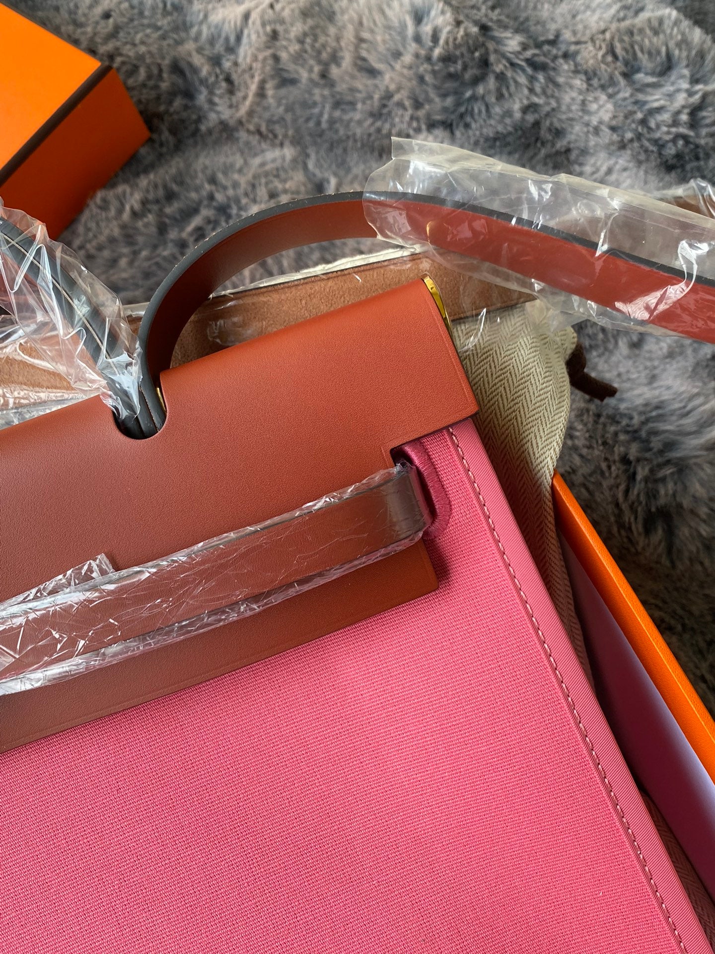 Two-Tone Pink Canvas and Brown Leather Top Handle Handbag - Women's Fashion Tote