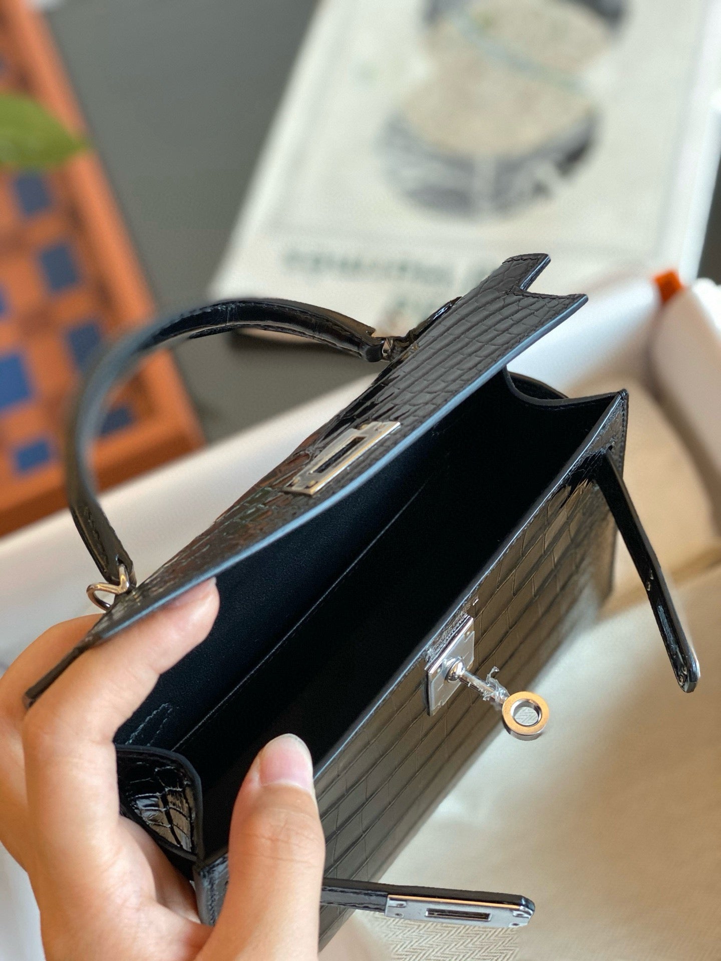 Hermès Mini Kelly II Black Shiny Crocodile Palladium Hardware Handbag