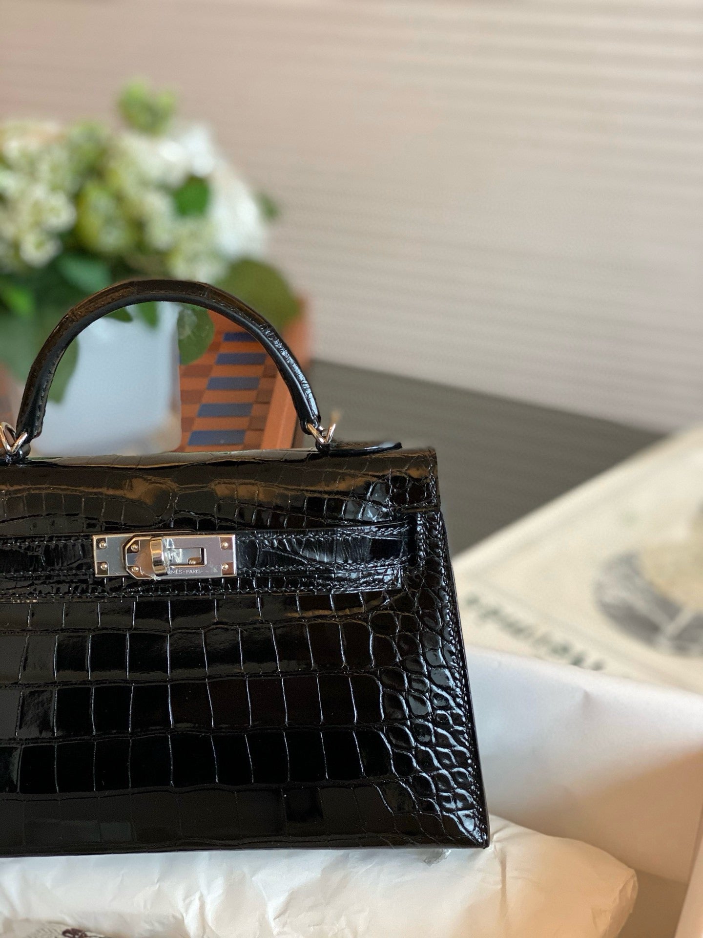 Hermès Mini Kelly II Black Shiny Crocodile Palladium Hardware Handbag