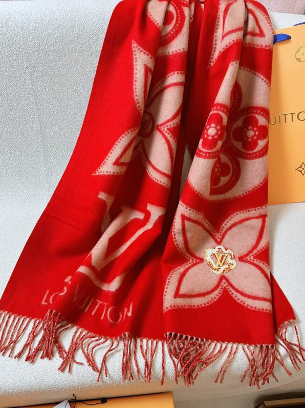 Louis Vuitton Red Monogram Flower Scarf with Gold-Tone LV Brooch and Fringe Detail