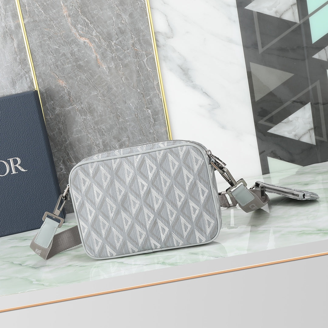 Dior Men's Grey CD Diamond Canvas Messenger Bag with Detachable Pouch