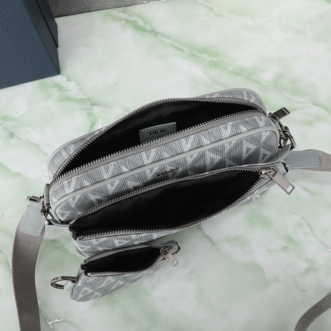 Dior Men's Grey CD Diamond Canvas Messenger Bag with Detachable Pouch