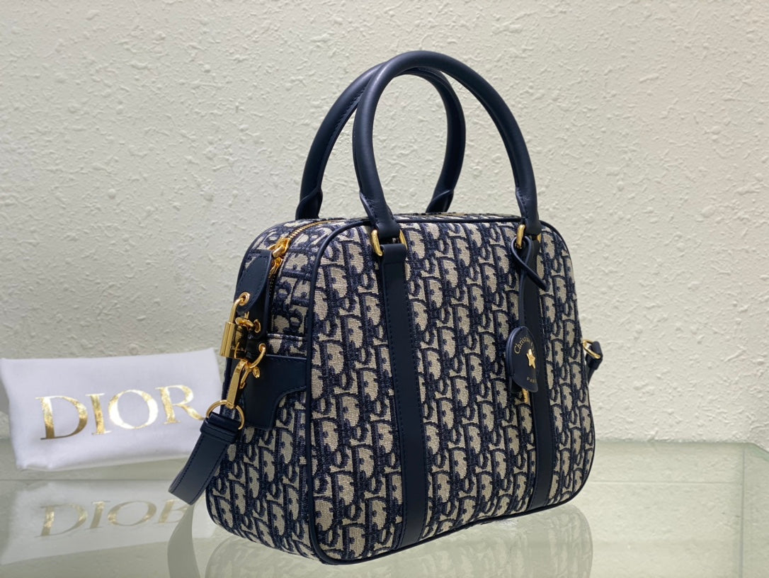 Dior Oblique Canvas Handbag - Navy Blue &amp; Beige Monogram Boston Bag