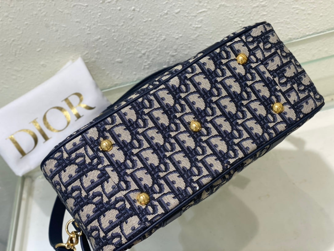 Dior Oblique Canvas Handbag - Navy Blue &amp; Beige Monogram Boston Bag
