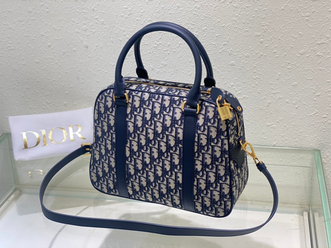 Dior Oblique Canvas Handbag - Navy Blue &amp; Beige Monogram Boston Bag