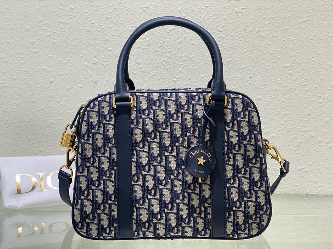 Christian Dior Blue Oblique Jacquard Medium Vibe Bowling Bag