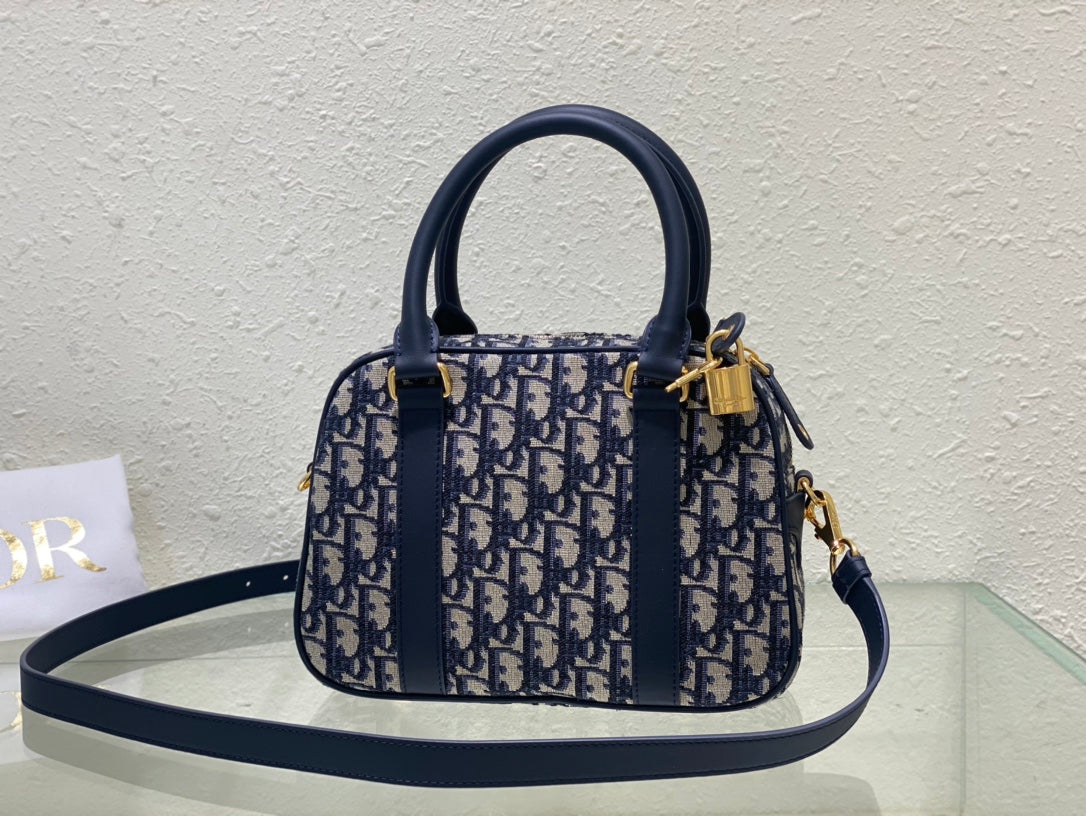 Christian Dior Oblique Jacquard Mini Bowling Bag - Blue Canvas Handbag