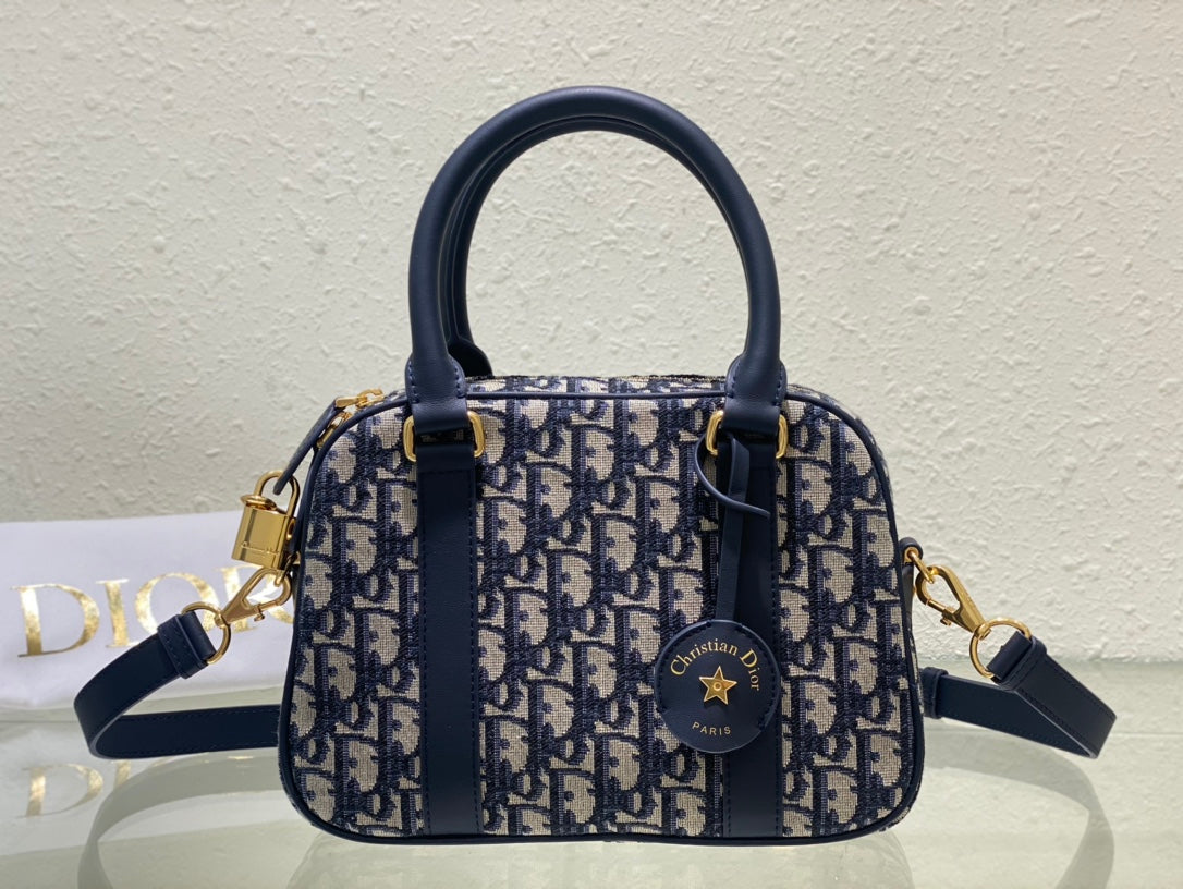 Christian Dior Oblique Mini Bowling Bag Blue Jacquard Top Handle Bag