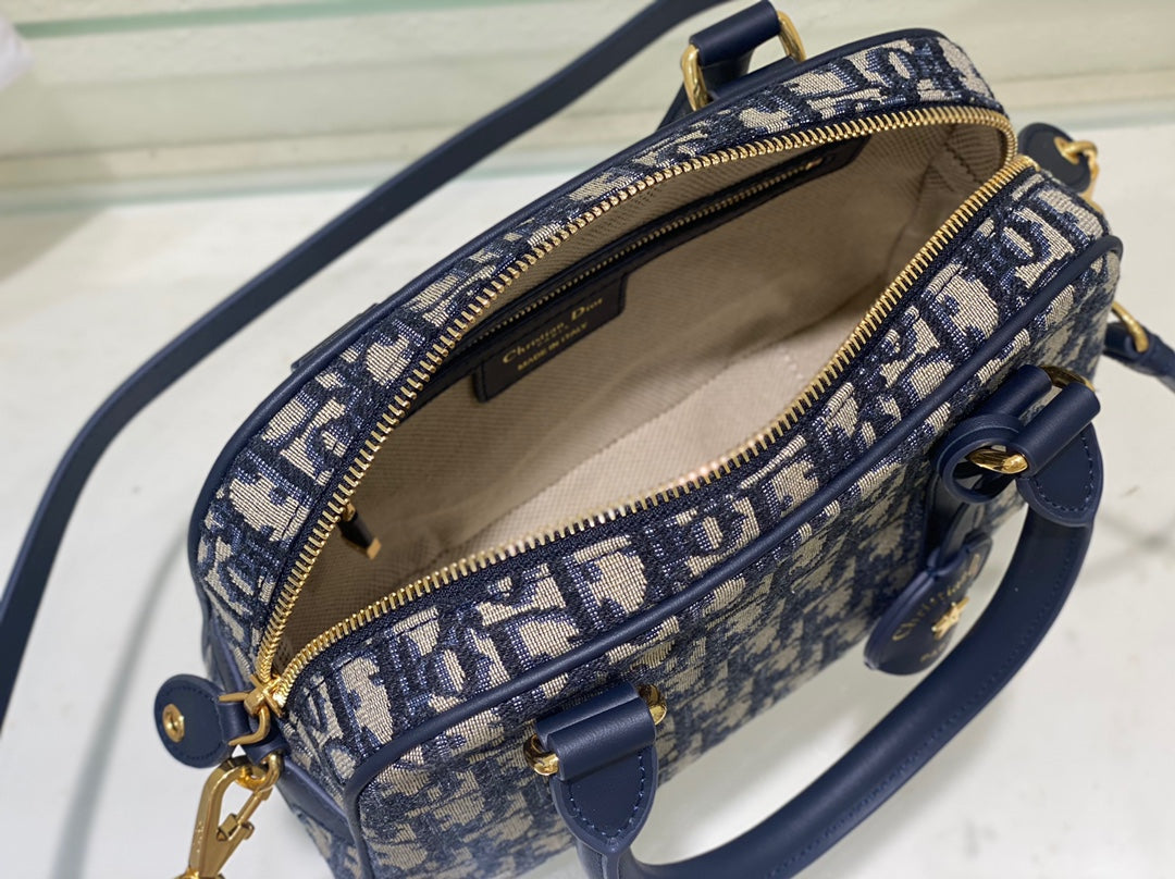 Christian Dior Oblique Jacquard Mini Bowling Bag - Blue Canvas Handbag