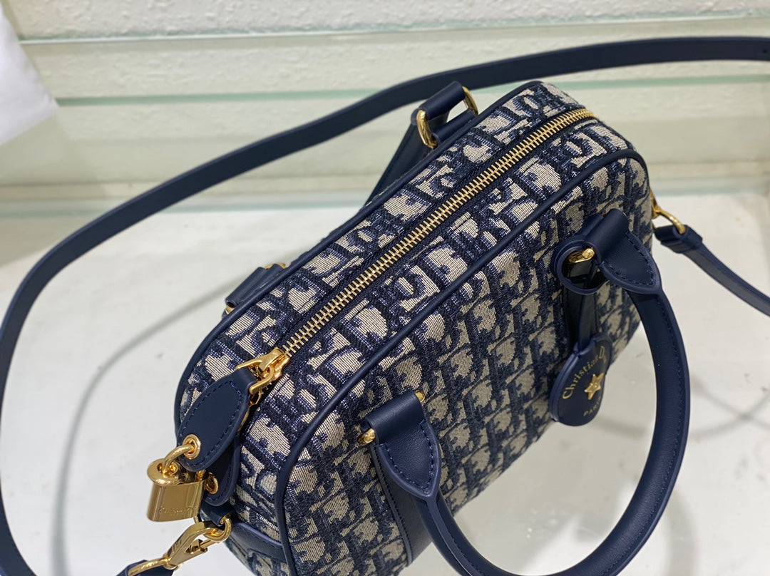 Christian Dior Oblique Mini Bowling Bag Blue Jacquard Top Handle Bag