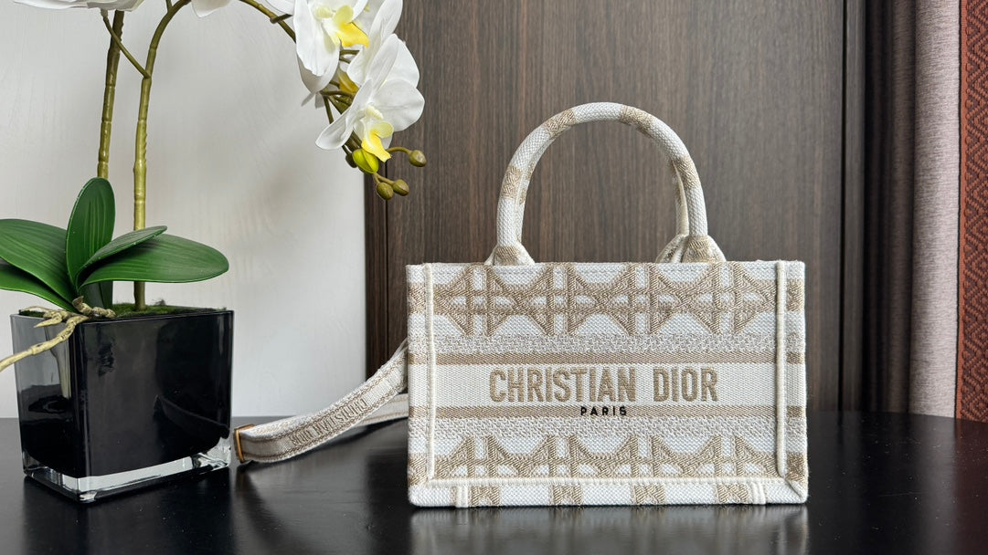 Christian Dior Mini Book Tote Bag - Beige Geometric Embroidered Canvas