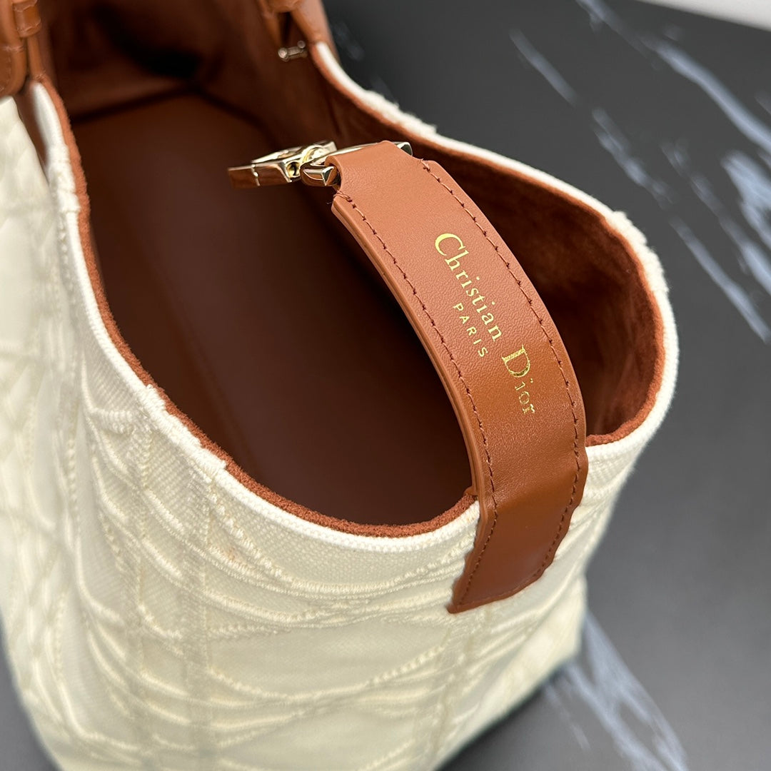 Elegant Quilted Canvas Tote Bag with Brown Leather Handles - Cream White