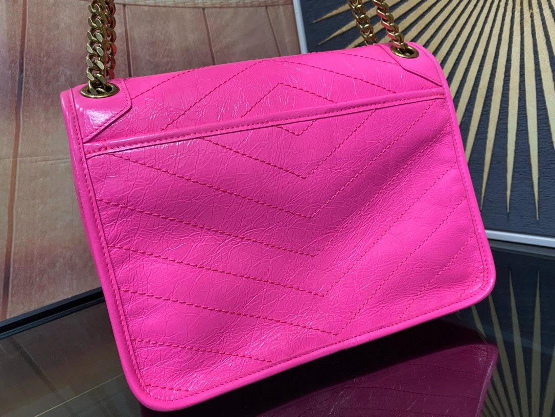 Saint Laurent Niki Medium Shoulder Bag in Fuchsia Pink Crinkled Leather