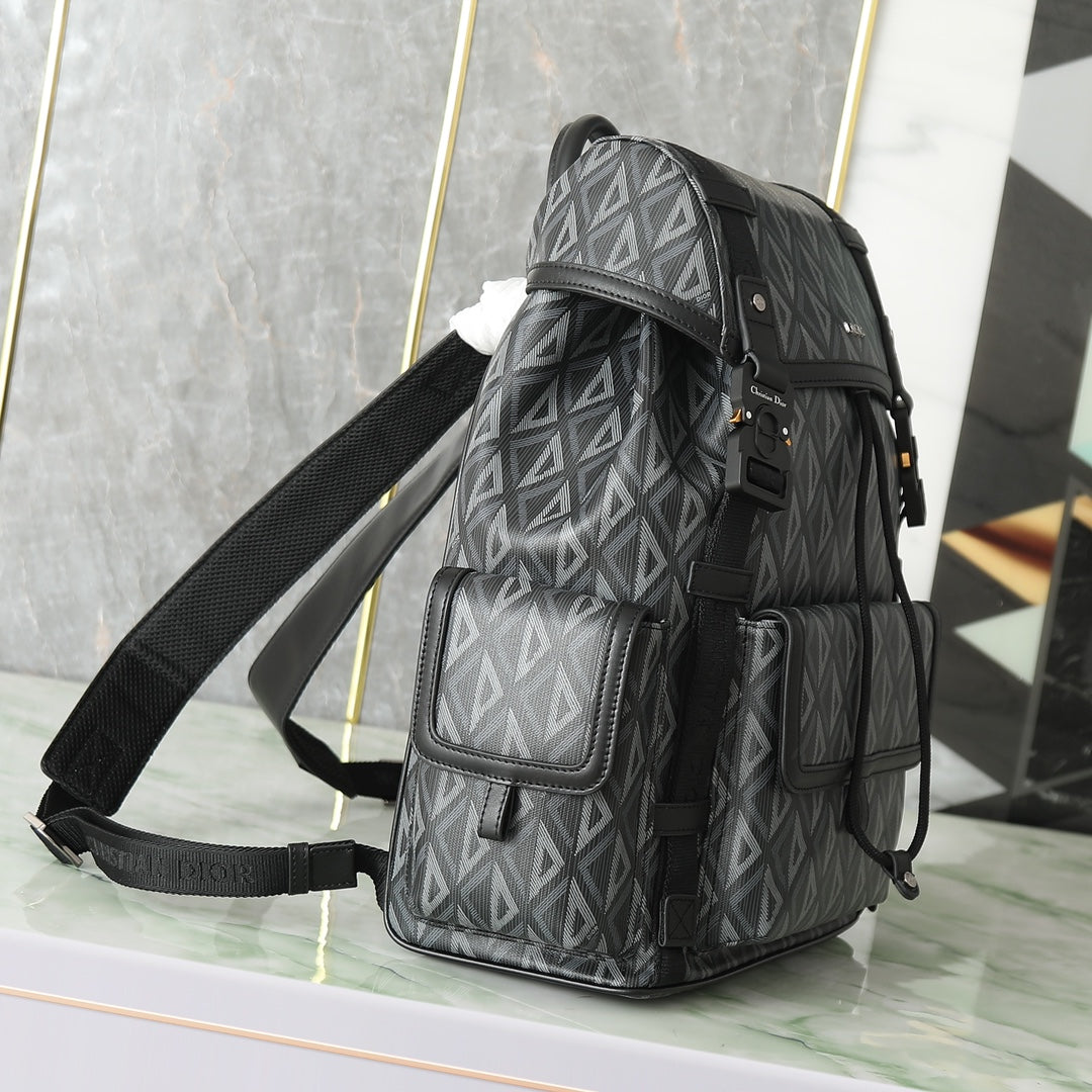 Men's Luxury Geometric Pattern Backpack - Black and Grey Diamond Canvas Rucksack