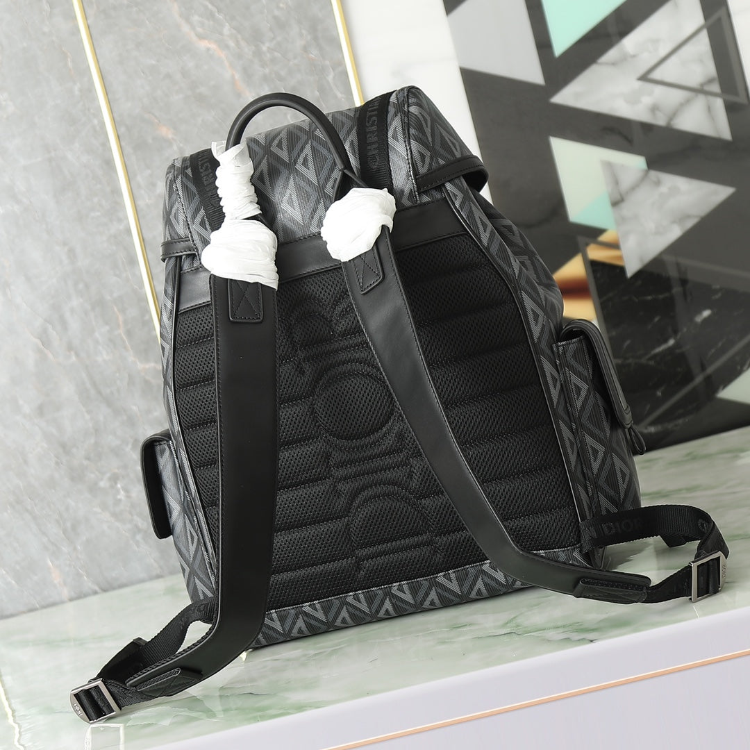 Men's Luxury Geometric Pattern Backpack - Black and Grey Diamond Canvas Rucksack