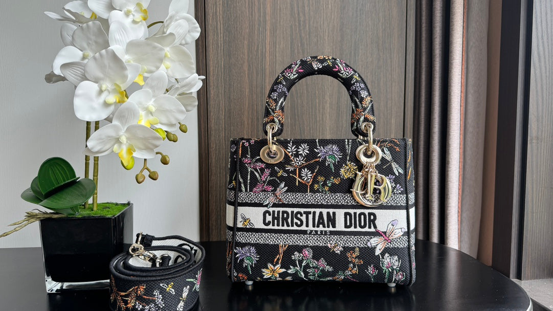 Christian Dior Medium Lady D-Lite Bag - Black Floral Embroidered Canvas