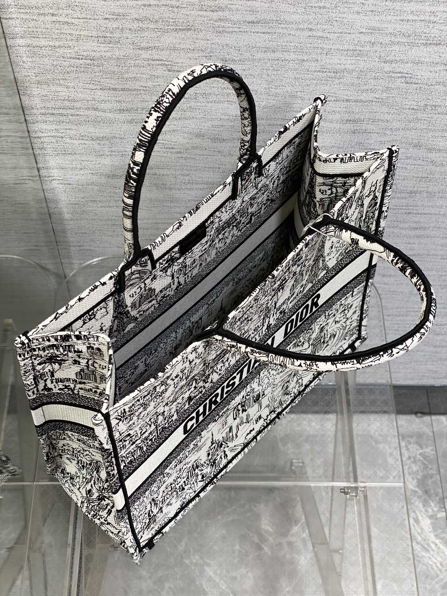 Christian Dior Large Book Tote - Black and White Toile de Jouy Embroidery