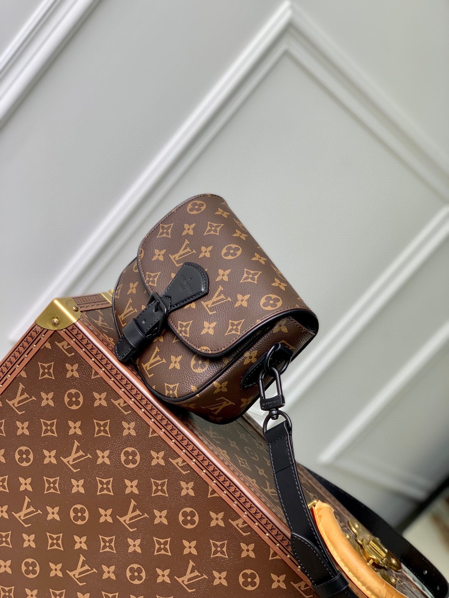Louis Vuitton Monogram Canvas Crossbody Bag with Black Leather Trim &amp; Hardware