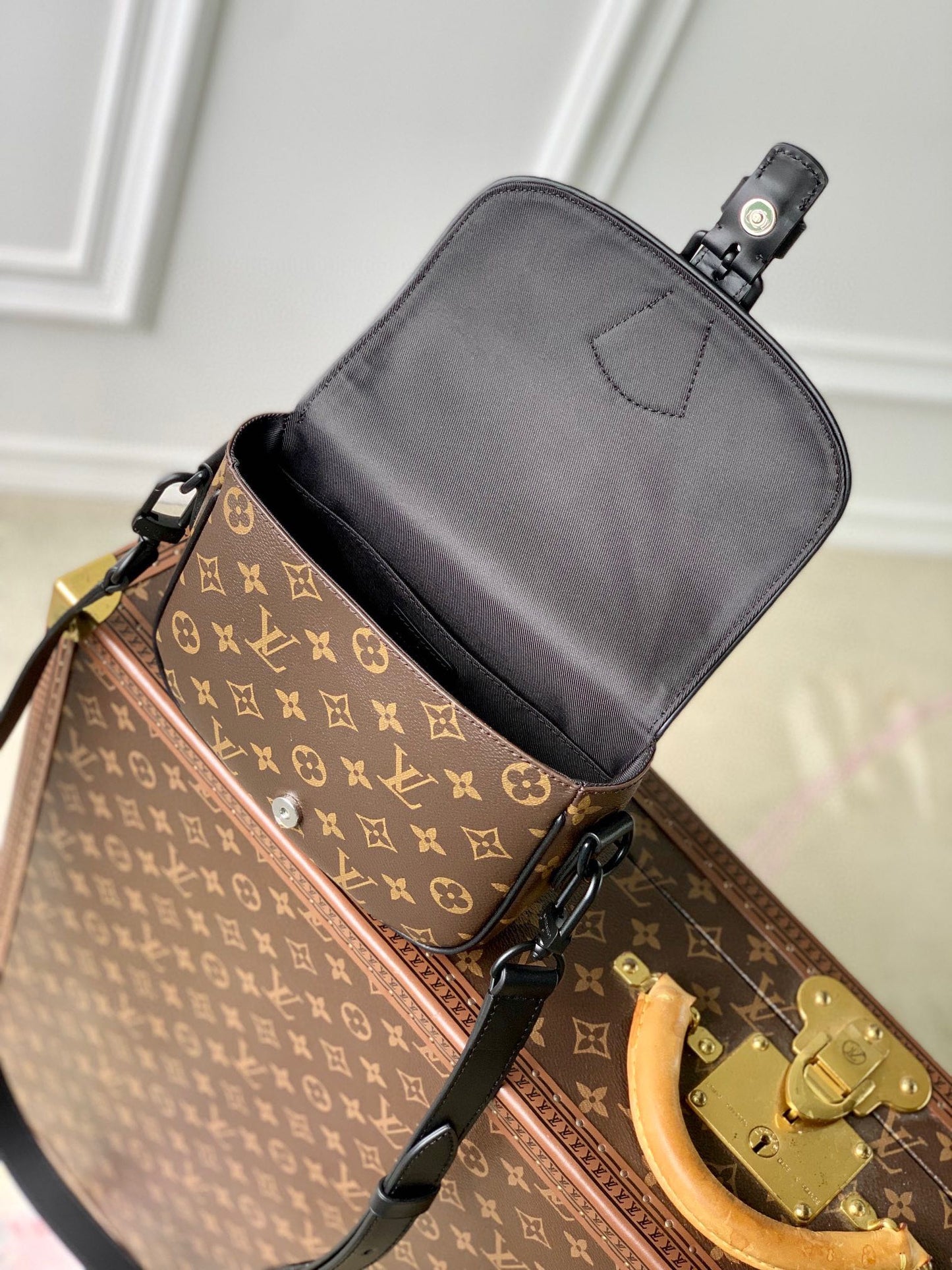 Louis Vuitton Monogram Canvas Crossbody Bag with Black Leather Trim &amp; Hardware