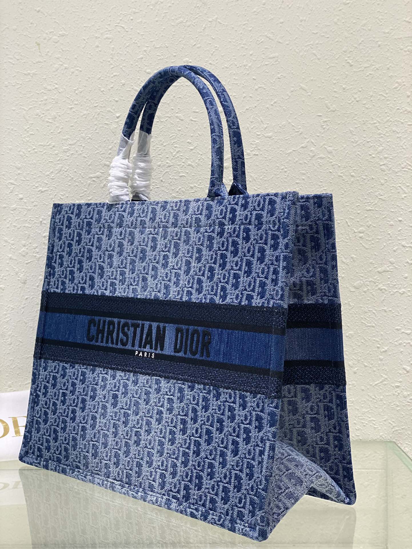 Christian Dior Blue Oblique Embroidery Medium Book Tote Bag