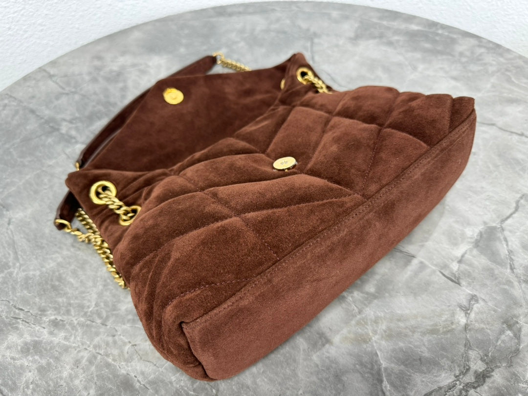 Saint Laurent Loulou Puffer Small Shoulder Bag in Dark Brown Suede
