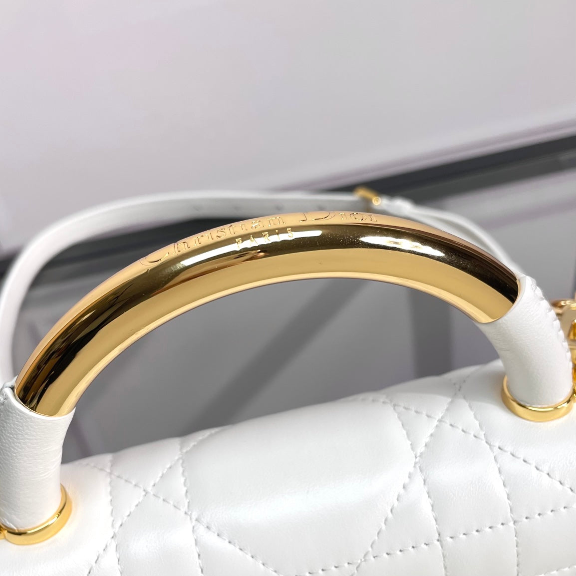 Women's White Quilted Leather Shoulder Bag with Gold Metal Top Handle