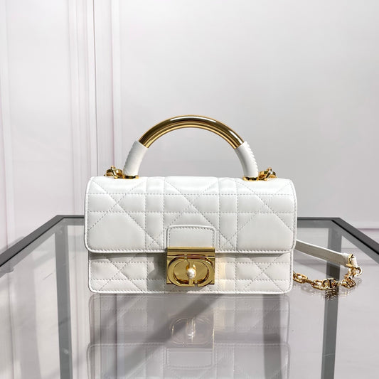 Women's White Quilted Leather Shoulder Bag with Gold Metal Top Handle