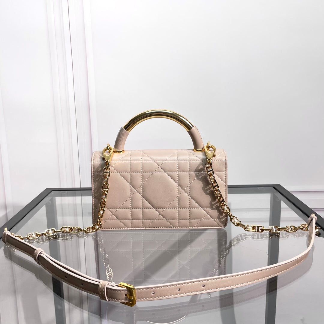 Luxury Quilted Nude Leather Top Handle Bag with Gold Chain Strap