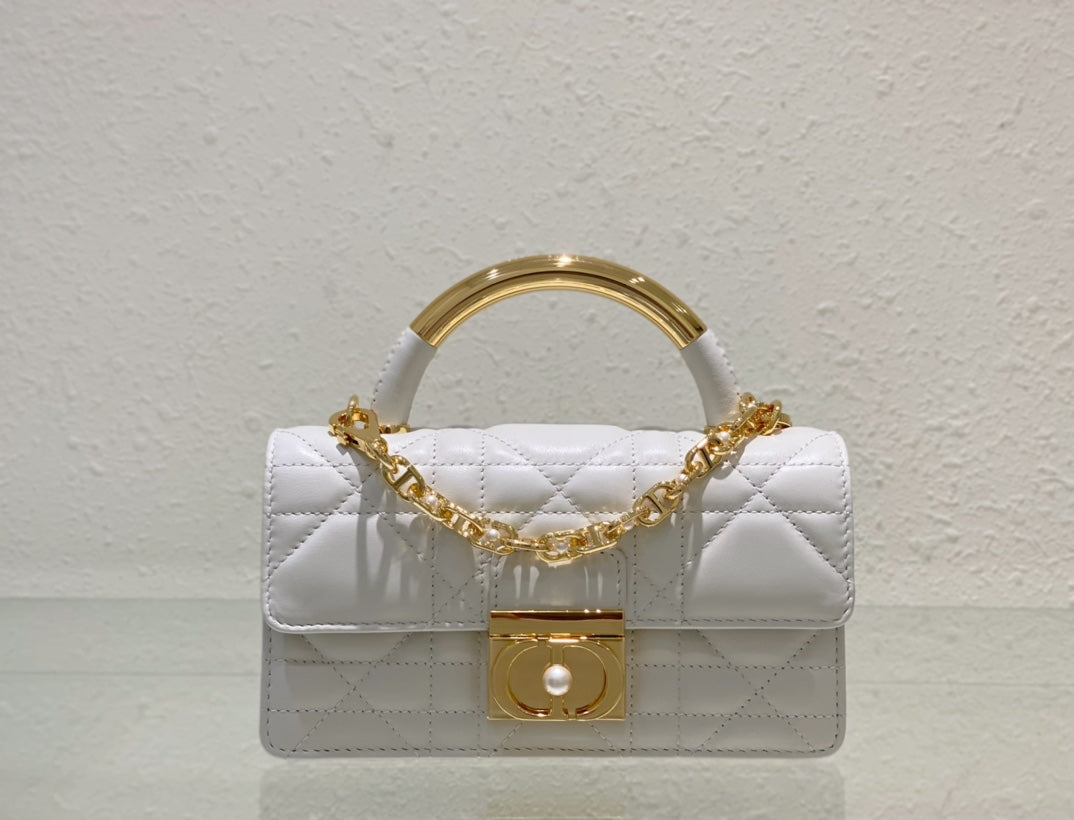 White Quilted Leather Mini Top Handle Bag with Gold Chain Strap