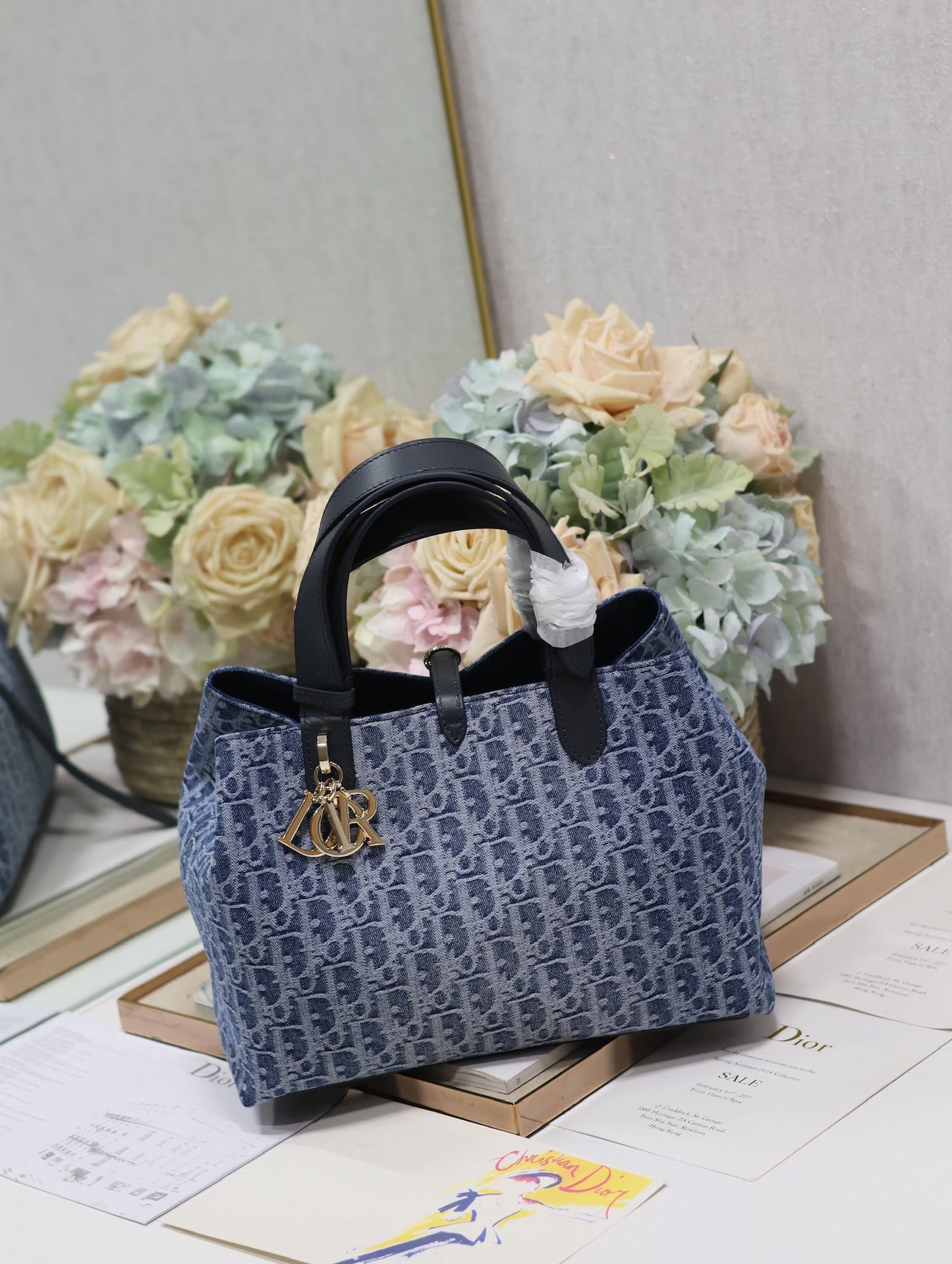 Blue Dior Oblique Style Canvas Handbag with Leather Handles