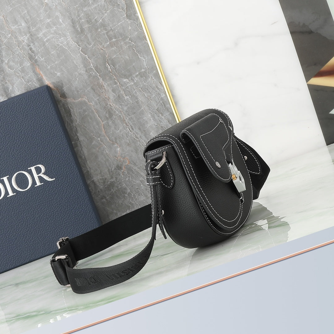 Dior Men's Saddle Bag - Black Grained Calfskin with Contrast Stitching