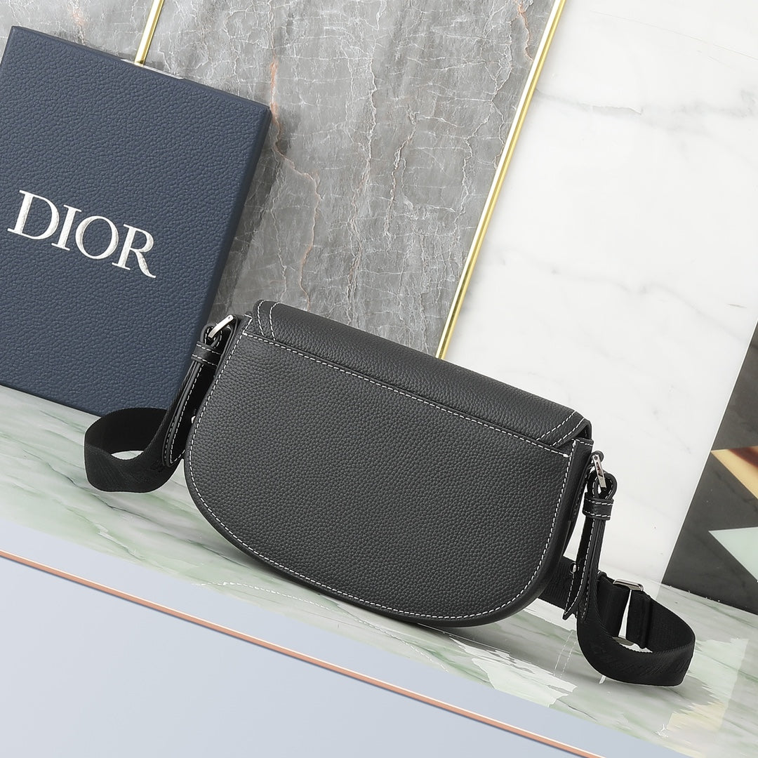 Dior Men's Saddle Bag - Black Grained Calfskin with Contrast Stitching