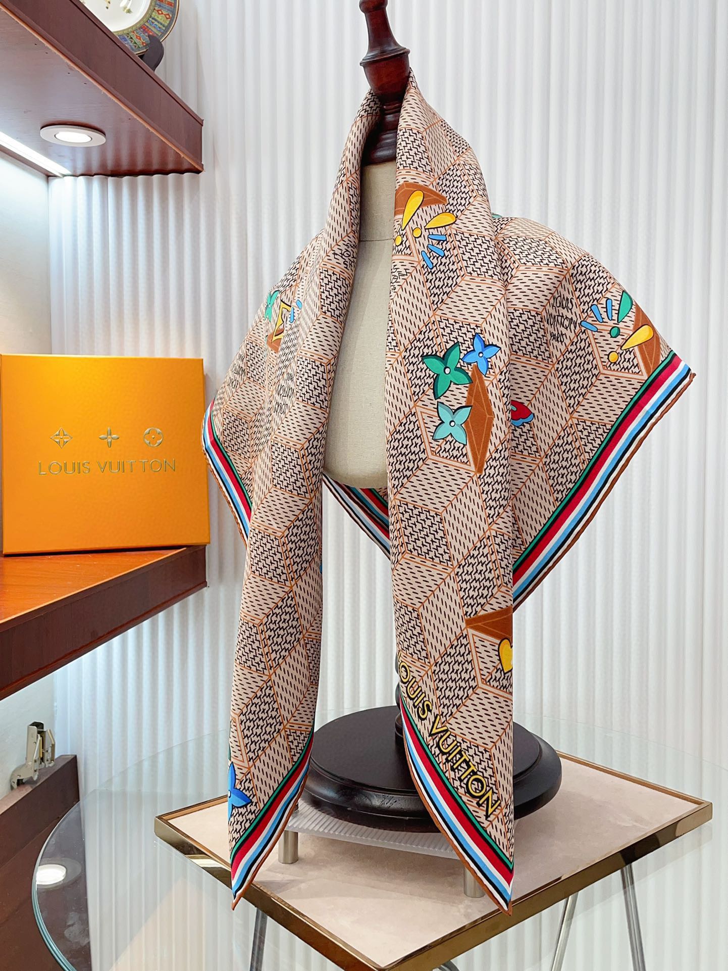 Luxury Women's Silk Square Scarf - Geometric Monogram Print with Colorful Heart Embroidery and Striped Border - Beige &amp; Brown