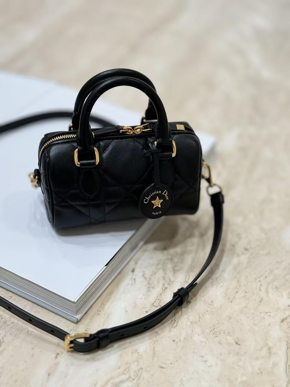 Christian Dior Black Quilted Leather Mini Bowling Bag with Star Charm