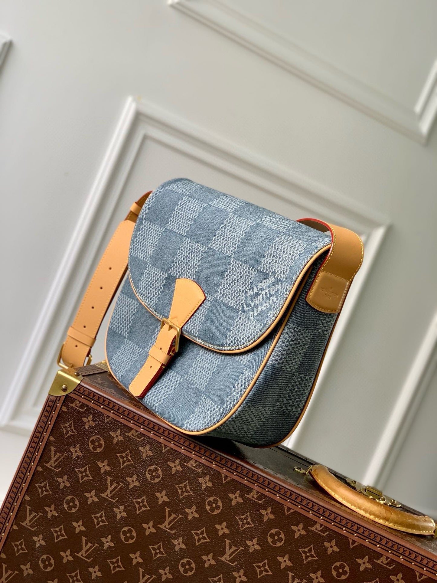 Louis Vuitton Damier Denim Blue Crossbody Bag with Tan Leather Strap