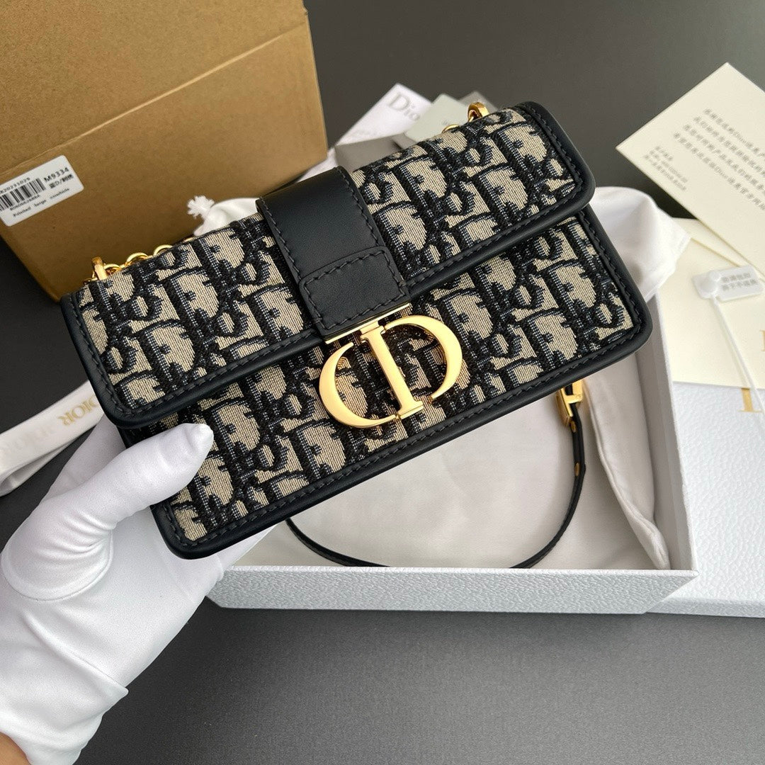 Dior 30 Montaigne East-West Bag with Chain Blue Dior Oblique Jacquard