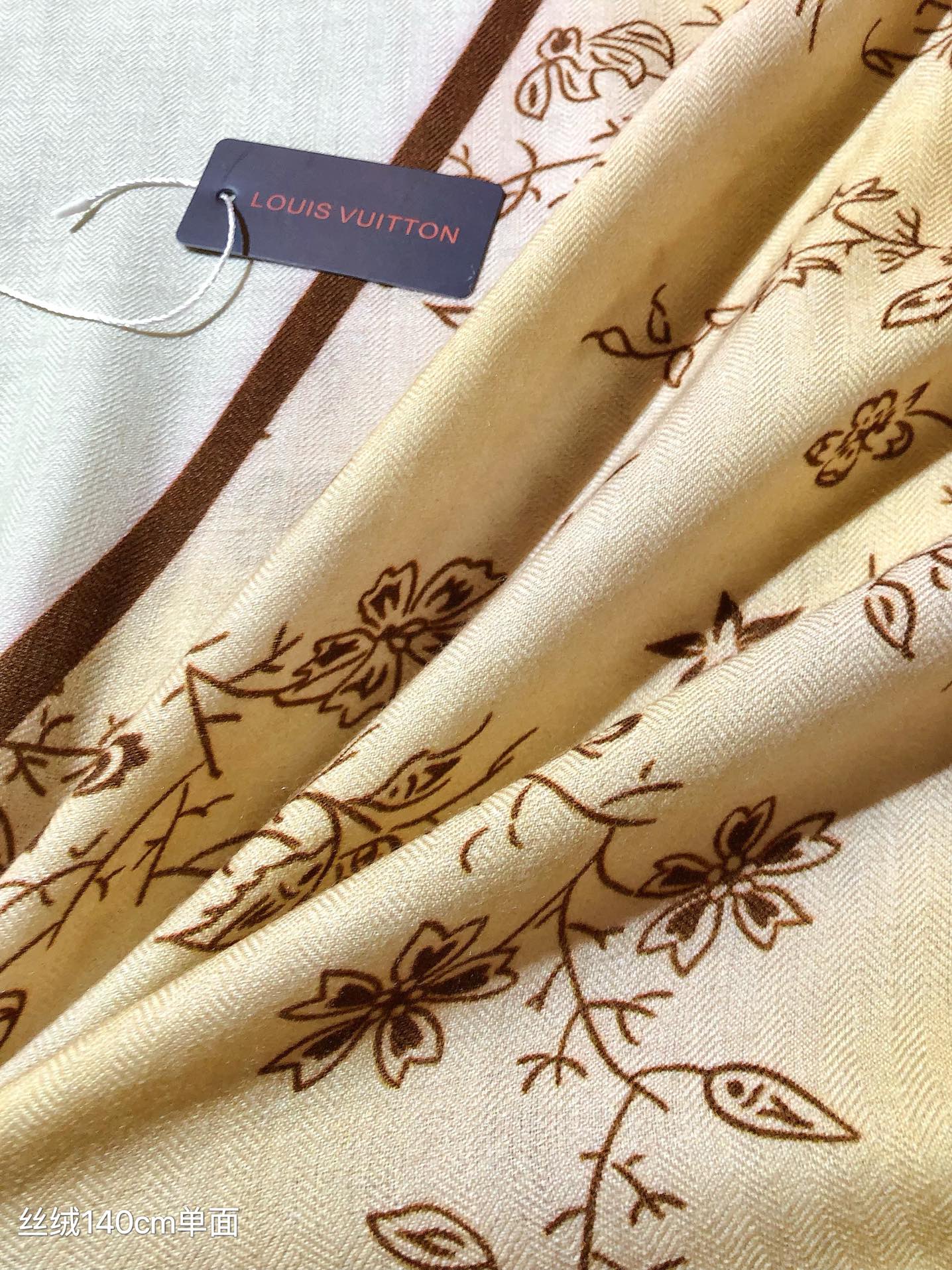 Louis Vuitton Floral Silk Scarf - Designer Logo Print Neck Scarf for Women, Cream and Navy Blue