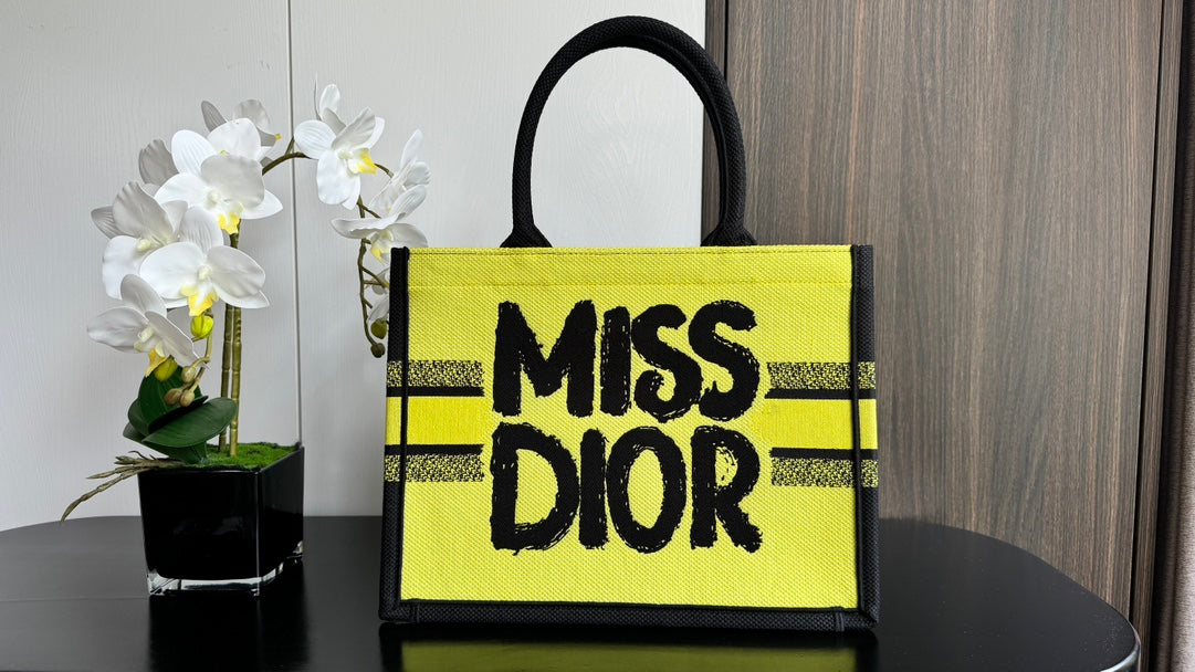 Christian Dior Medium Book Tote - Miss Dior Graffiti Yellow & Black Canvas