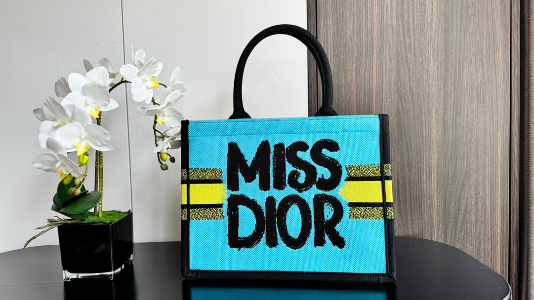 Christian Dior Medium Book Tote - Miss Dior Graffiti Yellow & Black Canvas