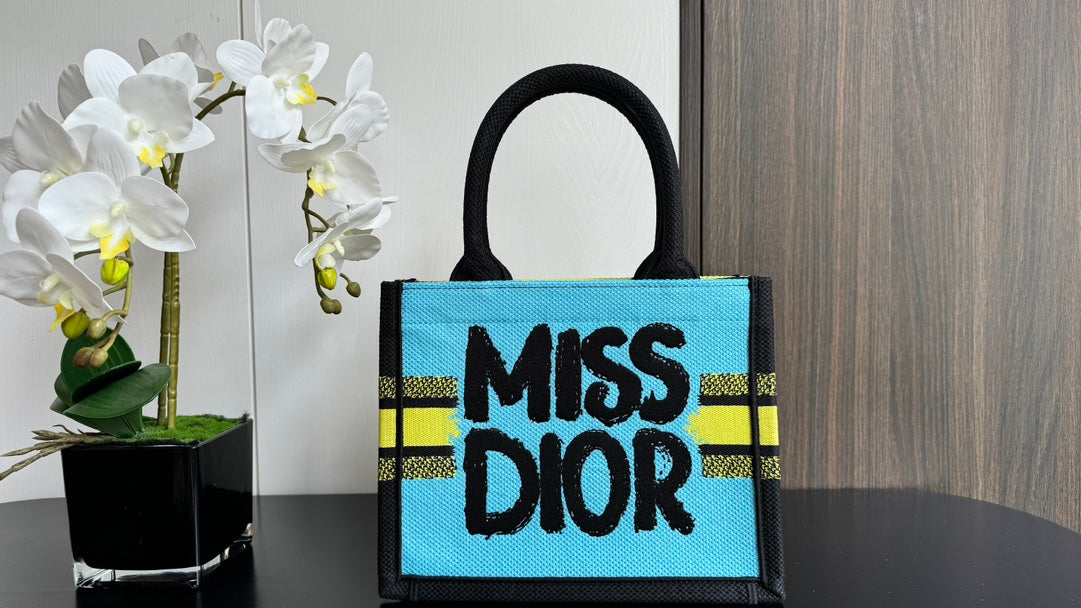 Christian Dior Miss Dior Graffiti Book Tote - Small Yellow & Black Canvas Handbag