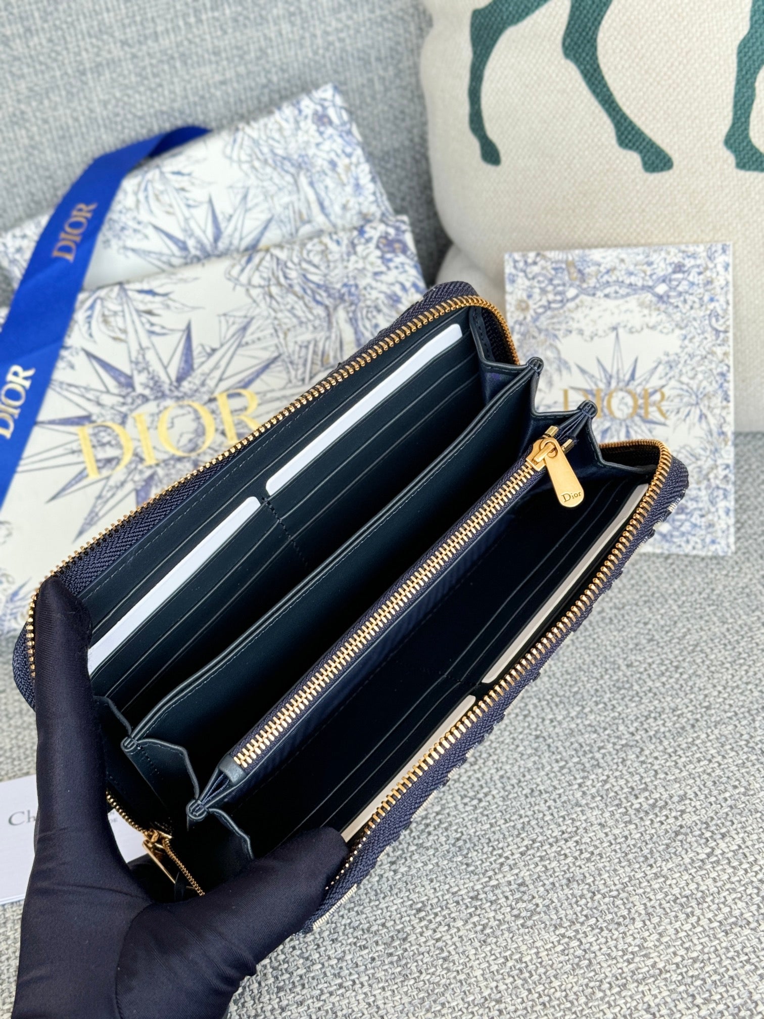 Dior Oblique Large Travel Zip Pouch Blue and Beige Jacquard Canvas
