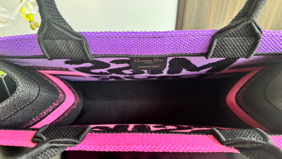 Miss Dior Pink Canvas Tote Bag with Black Graffiti Logo and Handles