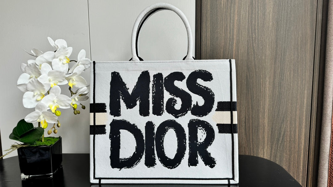 Miss Dior Large Canvas Tote Bag - White & Black Graphic Print Handbag