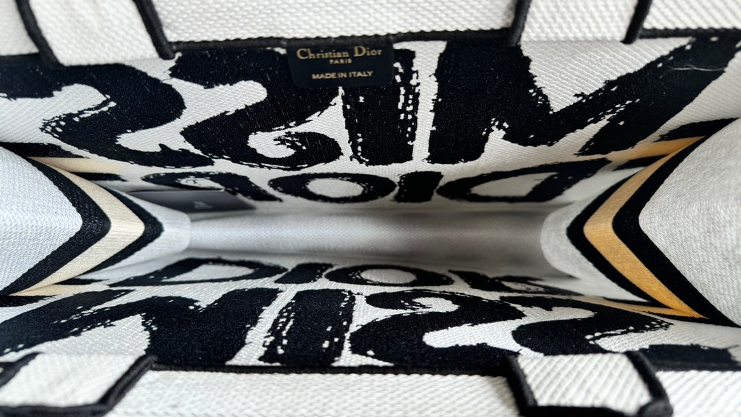 Dior Book Tote Miss Dior Graffiti Canvas Large White & Black Bag