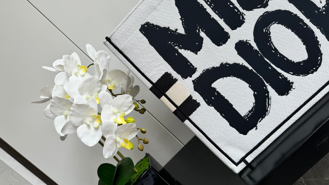 Dior Book Tote Miss Dior Graffiti Canvas Large White & Black Bag