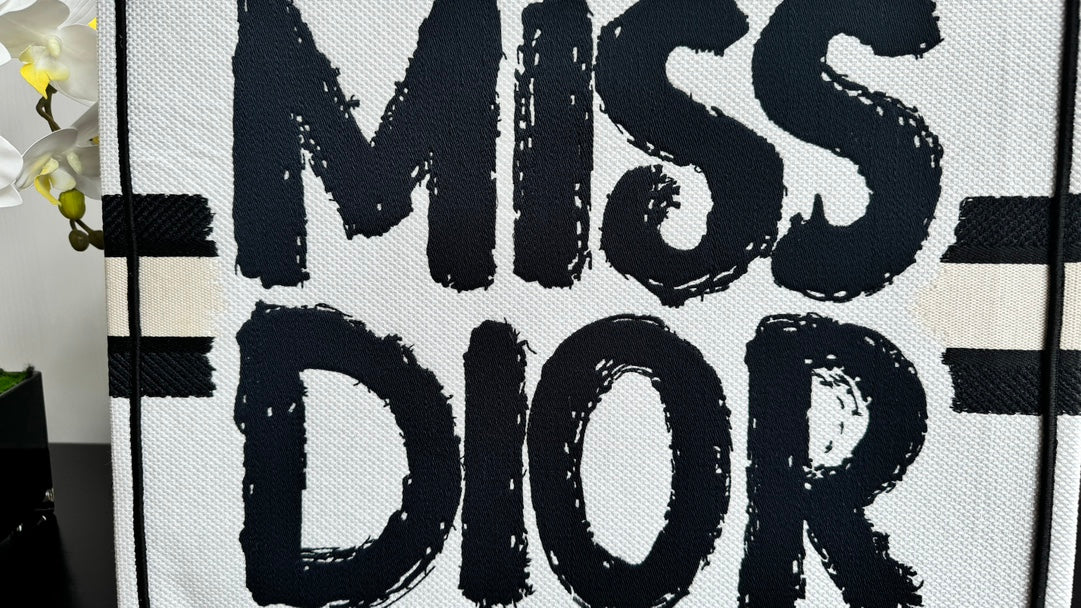 Dior Book Tote Miss Dior Graffiti Canvas Large White & Black Bag
